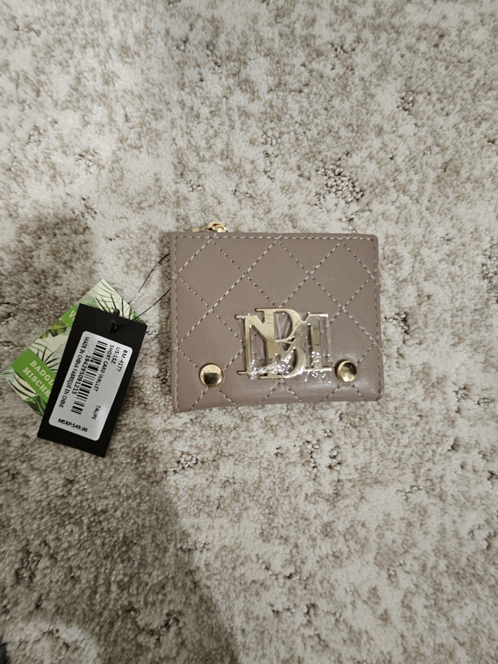 Badgley Mischka Quilted Card Holder in Taupe with Gold Hardware